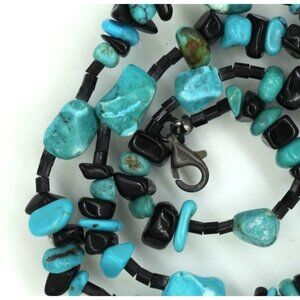 925 STERLING Native American style turquoise/onyx necklace VINTAGE 13.4 grams 17